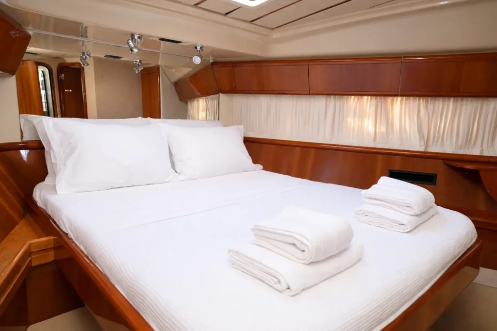 Master cabin aboard the Ferretti 57 luxury yacht in Kos